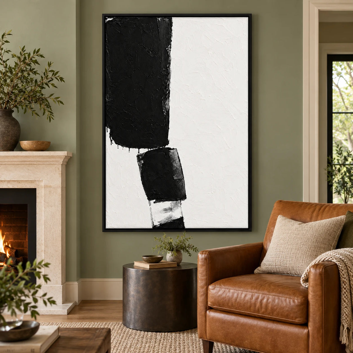 Ownanart Hand-Painted Black and White Minimalist Blocks Oil Painting – Textured Vertical Canvas Wall Art for Living Room and Office