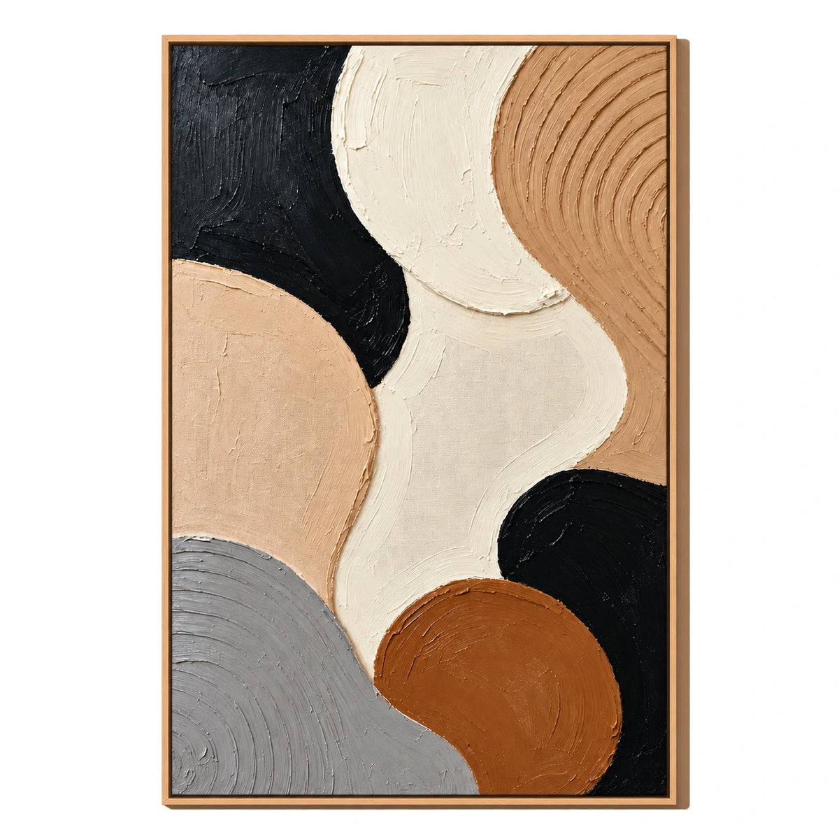 Ownanart Hand-Painted Black Beige Cream Brown and Grey Organic Circles Abstract Oil Painting – 3D Textured Vertical Impasto Canvas Wall Art for Living Room Bedroom Entryway and Office