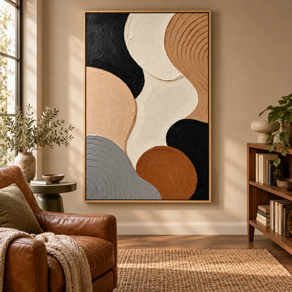 Ownanart Hand-Painted Black Beige Cream Brown and Grey Organic Circles Abstract Oil Painting – 3D Textured Vertical Impasto Canvas Wall Art for Living Room Bedroom Entryway and Office