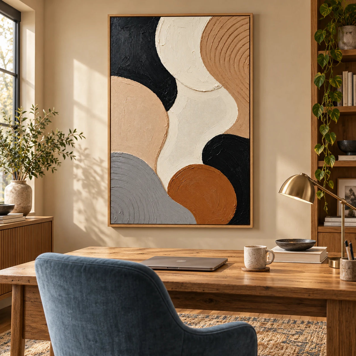 Ownanart Hand-Painted Black Beige Cream Brown and Grey Organic Circles Abstract Oil Painting – 3D Textured Vertical Impasto Canvas Wall Art for Living Room Bedroom Entryway and Office