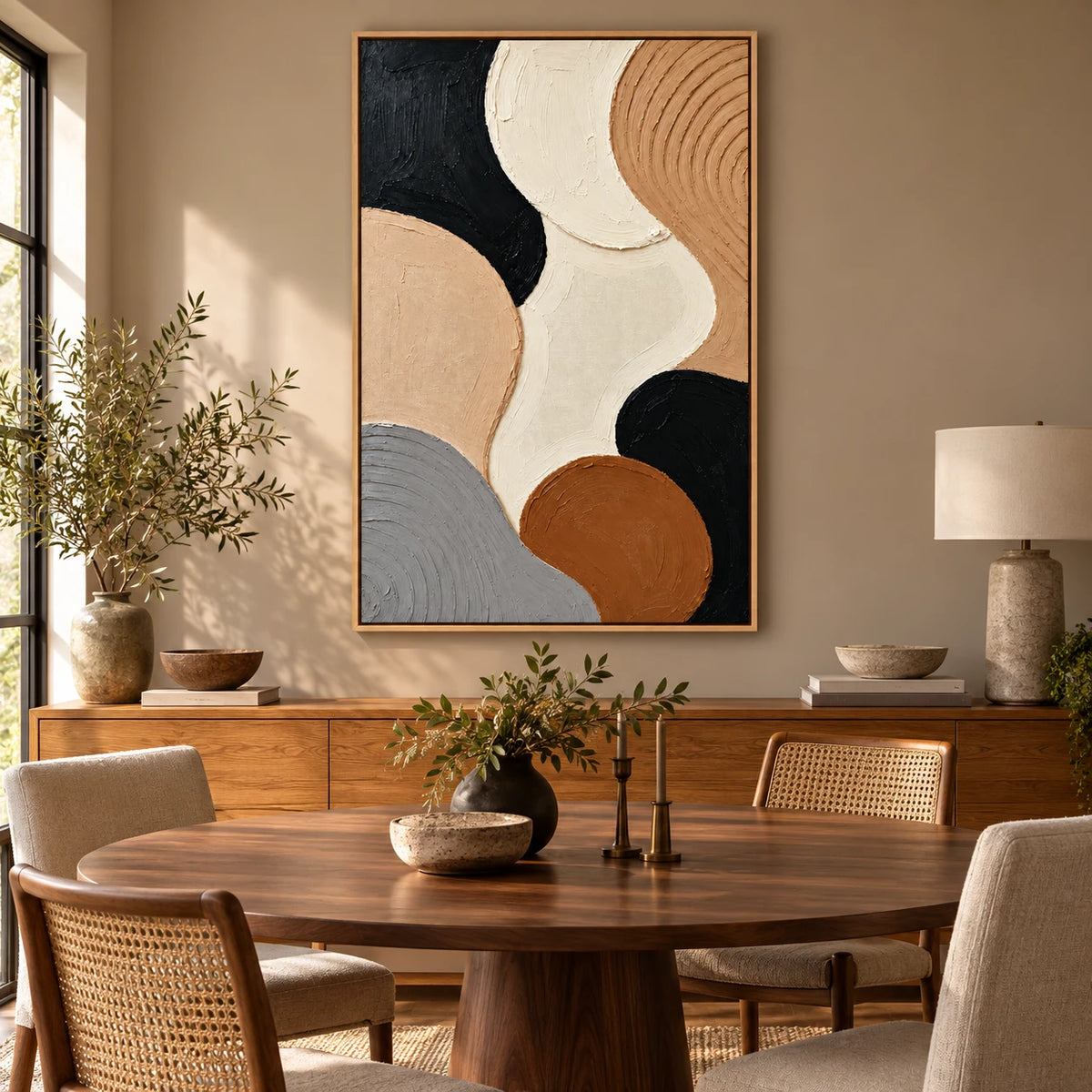 Ownanart Hand-Painted Black Beige Cream Brown and Grey Organic Circles Abstract Oil Painting – 3D Textured Vertical Impasto Canvas Wall Art for Living Room Bedroom Entryway and Office