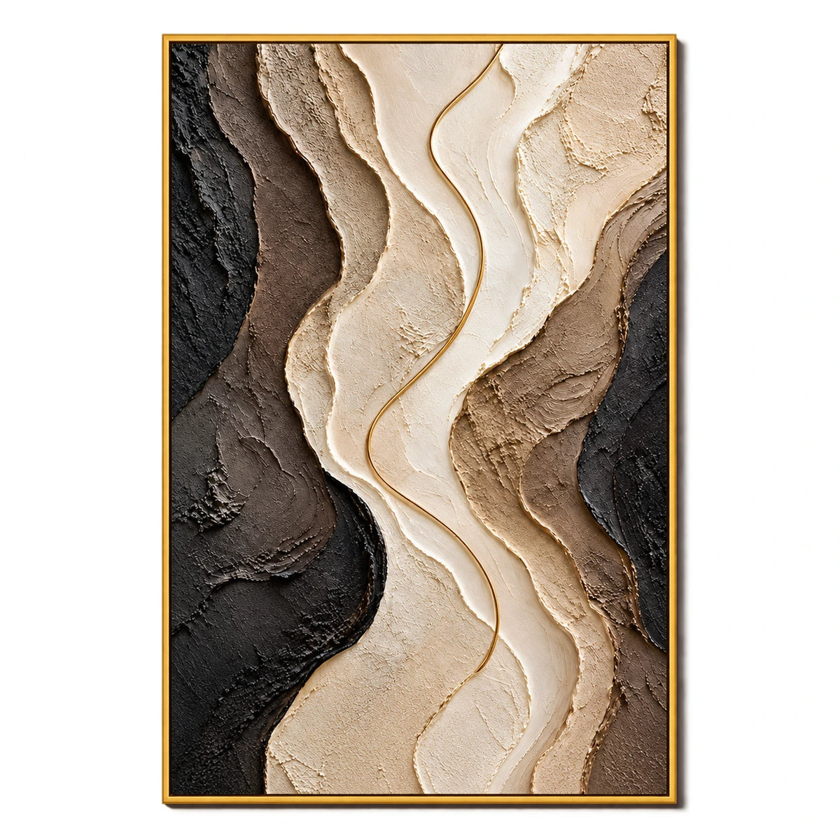 Ownanart Hand-Painted Black Brown Cream and Gold Flowing Abstract Oil Painting – 3D Textured Vertical Impasto Canvas Wall Art for Living Room Bedroom Entryway and Office