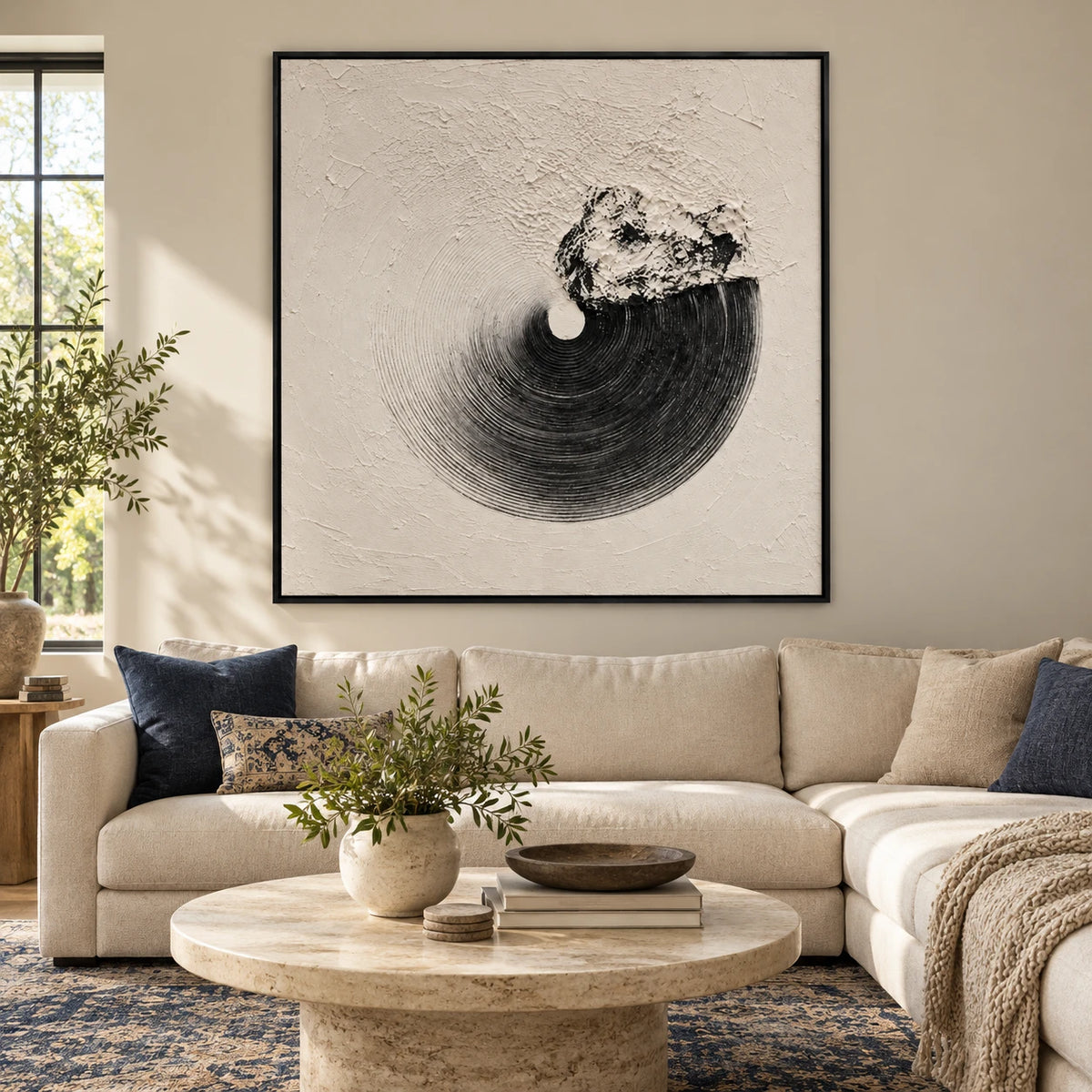 Ownanart Hand-Painted Black Circular Texture on Ivory Oil Painting – Textured Square Canvas Wall Art for Living Room and Office