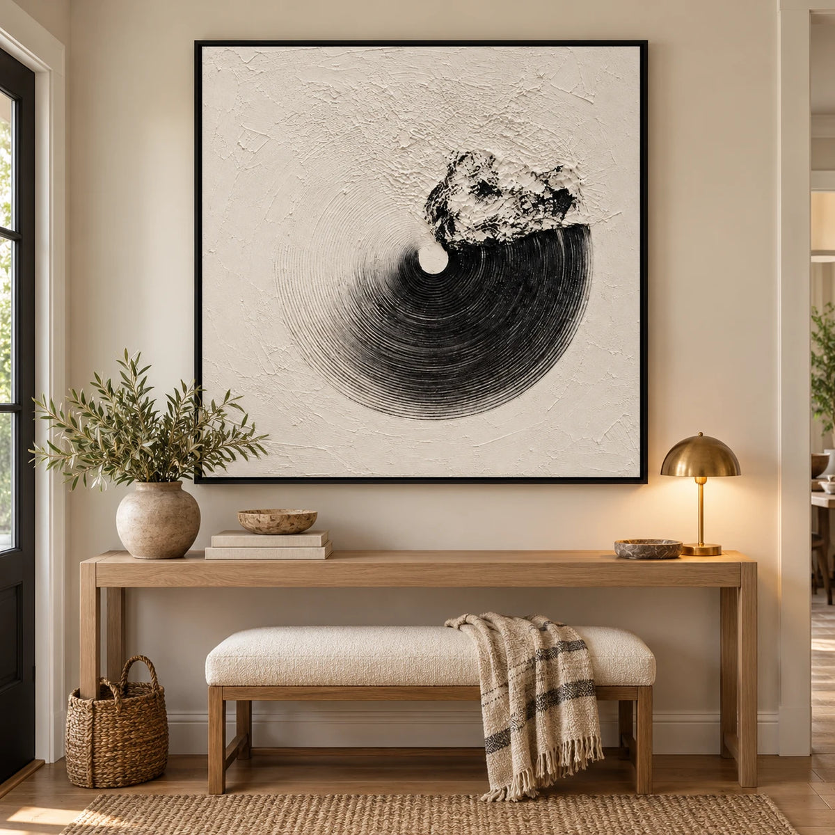 Ownanart Hand-Painted Black Circular Texture on Ivory Oil Painting – Textured Square Canvas Wall Art for Living Room and Office