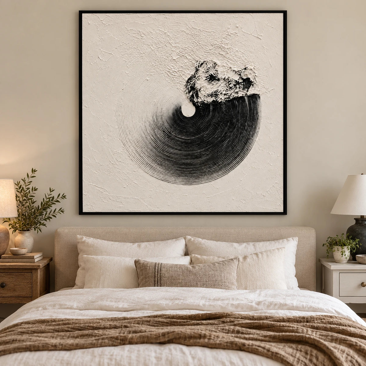 Ownanart Hand-Painted Black Circular Texture on Ivory Oil Painting – Textured Square Canvas Wall Art for Living Room and Office