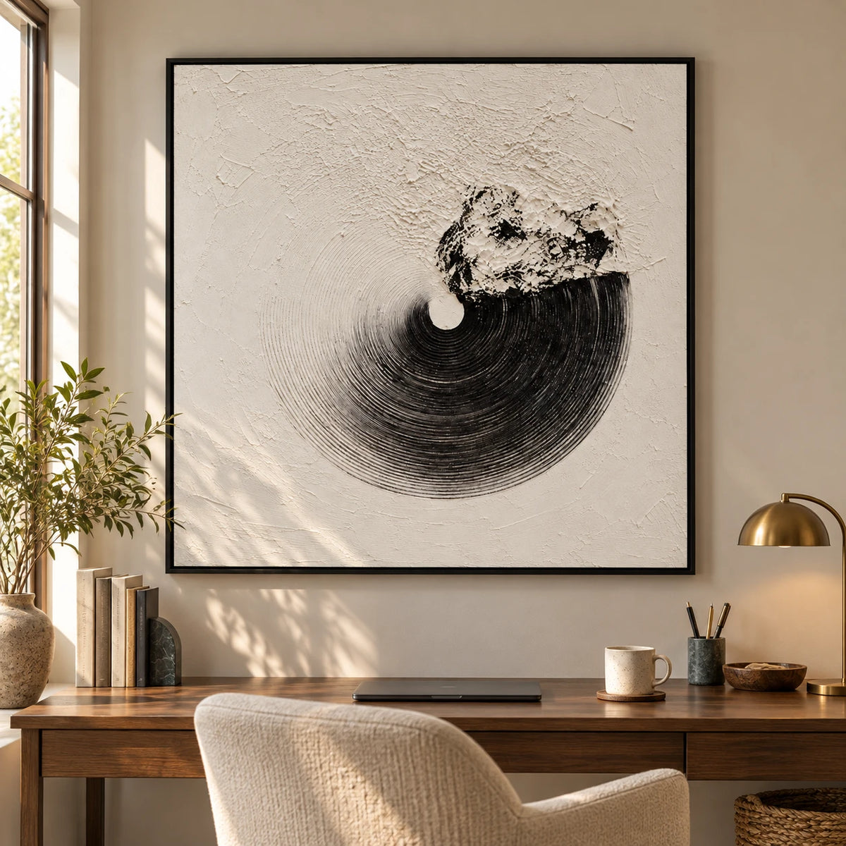Ownanart Hand-Painted Black Circular Texture on Ivory Oil Painting – Textured Square Canvas Wall Art for Living Room and Office