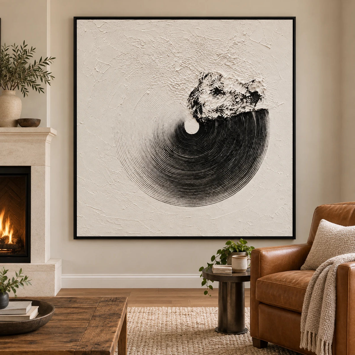 Ownanart Hand-Painted Black Circular Texture on Ivory Oil Painting – Textured Square Canvas Wall Art for Living Room and Office