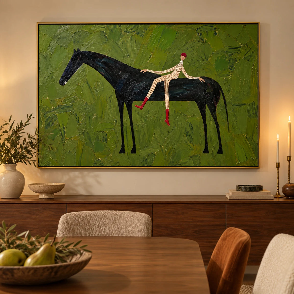Ownanart Hand-Painted Black Horse and Rider Oil Painting – Olive Green Textured Equestrian Canvas Wall Art, Modern Surreal Figurative Painting for Living Room and Office