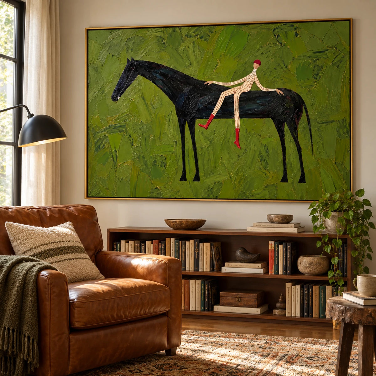 Ownanart Hand-Painted Black Horse and Rider Oil Painting – Olive Green Textured Equestrian Canvas Wall Art, Modern Surreal Figurative Painting for Living Room and Office