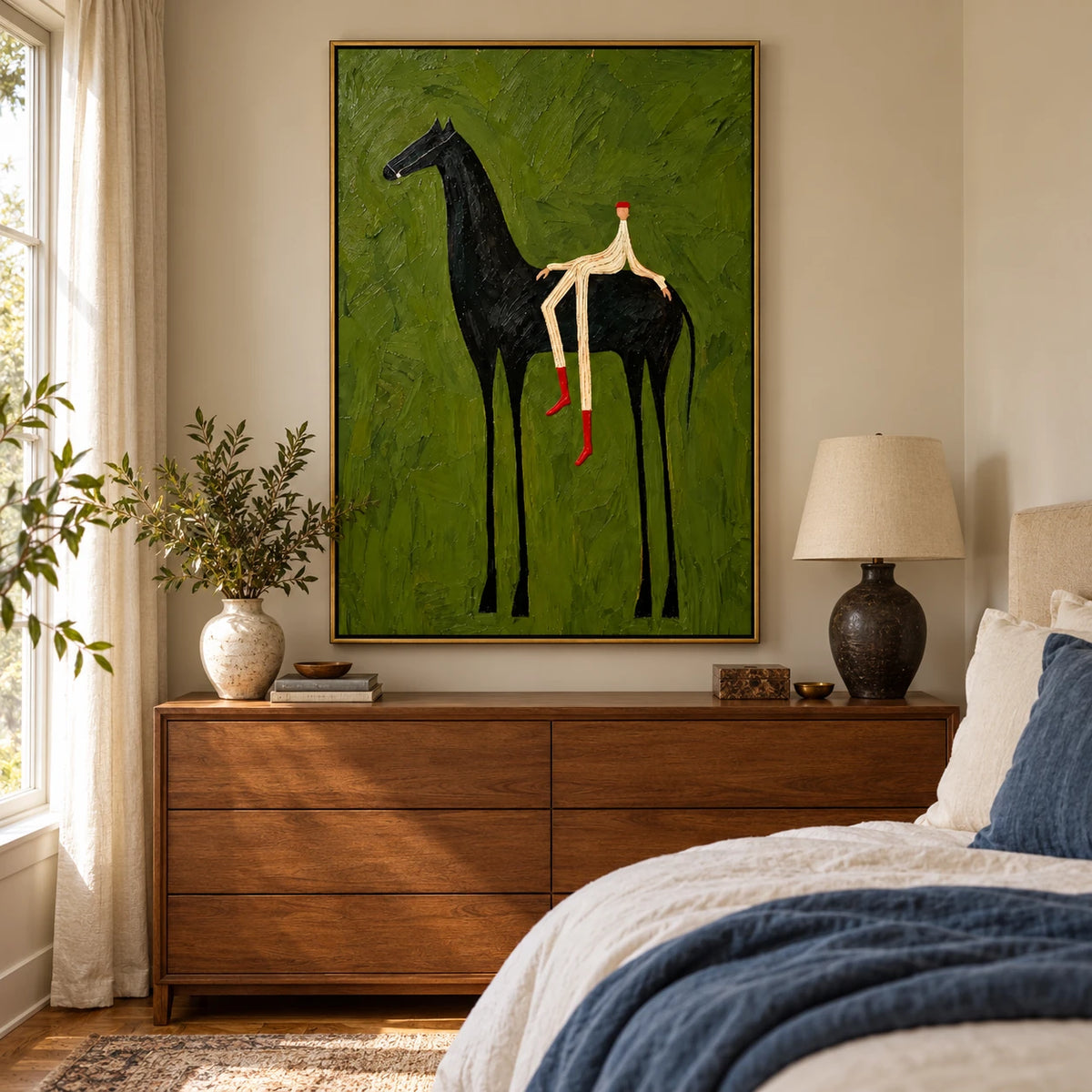 Ownanart Hand-Painted Black Horse and Rider Oil Painting – Vertical Olive Green Equestrian Wall Art, Textured Surreal Figurative Canvas Painting for Entryway and Living Room