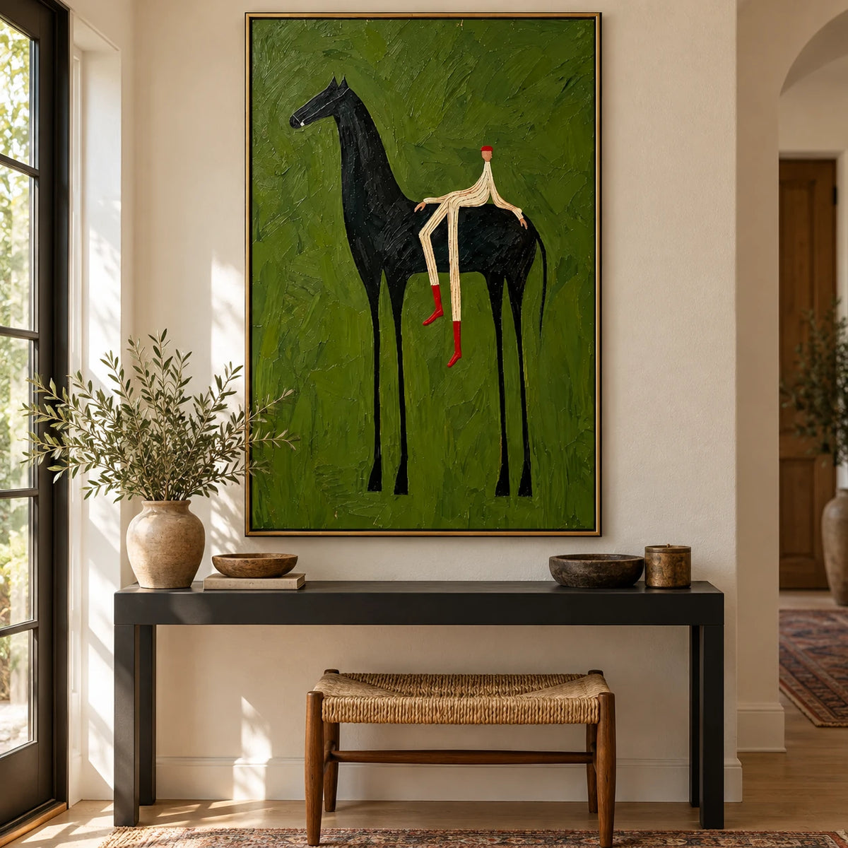 Ownanart Hand-Painted Black Horse and Rider Oil Painting – Vertical Olive Green Equestrian Wall Art, Textured Surreal Figurative Canvas Painting for Entryway and Living Room