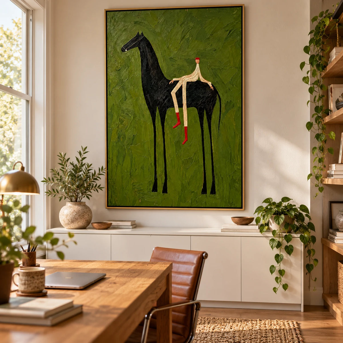 Ownanart Hand-Painted Black Horse and Rider Oil Painting – Vertical Olive Green Equestrian Wall Art, Textured Surreal Figurative Canvas Painting for Entryway and Living Room