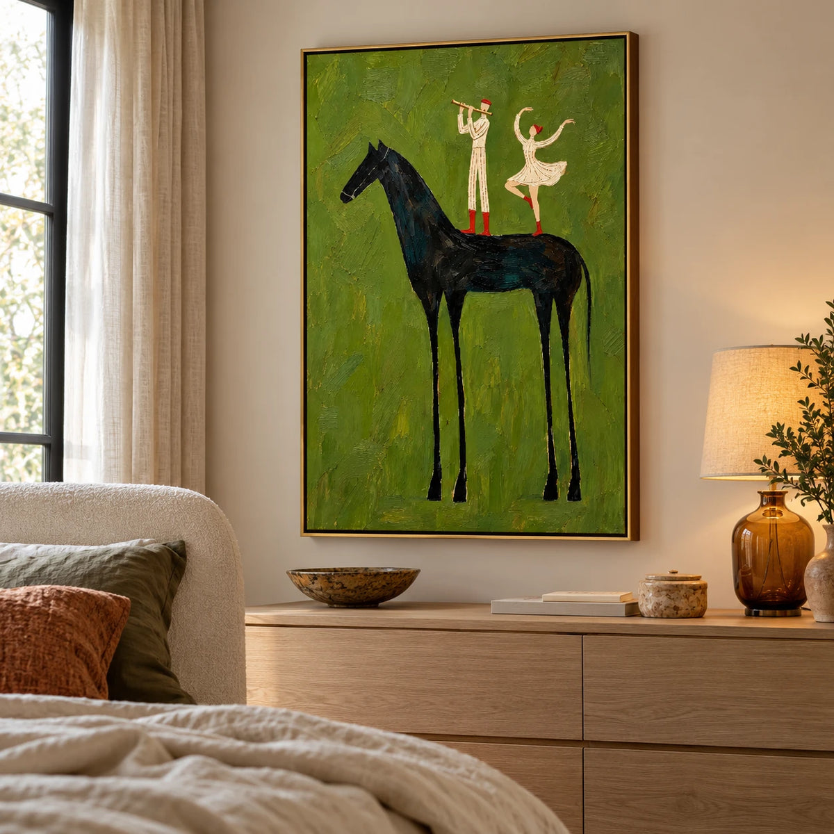 Ownanart Hand-Painted Black Horse with Musician and Dancer Oil Painting – Vertical surreal equestrian canvas, vertical figurative wall art, Original Canvas Art for Living Room and Office