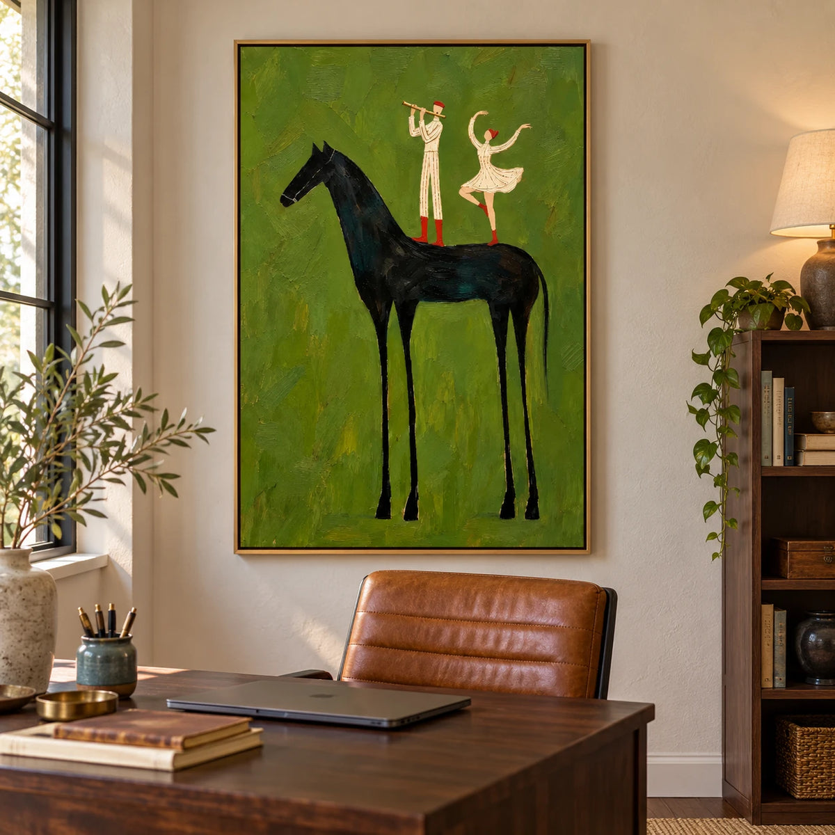 Ownanart Hand-Painted Black Horse with Musician and Dancer Oil Painting – Vertical surreal equestrian canvas, vertical figurative wall art, Original Canvas Art for Living Room and Office
