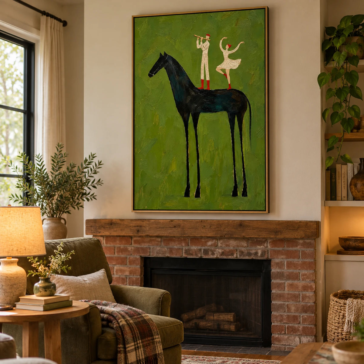 Ownanart Hand-Painted Black Horse with Musician and Dancer Oil Painting – Vertical surreal equestrian canvas, vertical figurative wall art, Original Canvas Art for Living Room and Office