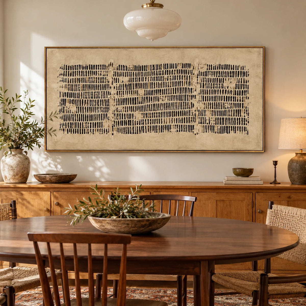 Ownanart Hand-Painted Black Linear Marks on Beige Oil Painting – Large Horizontal minimalist geometric canvas, neutral textured wall art, Original Canvas Art for Living Room and Office
