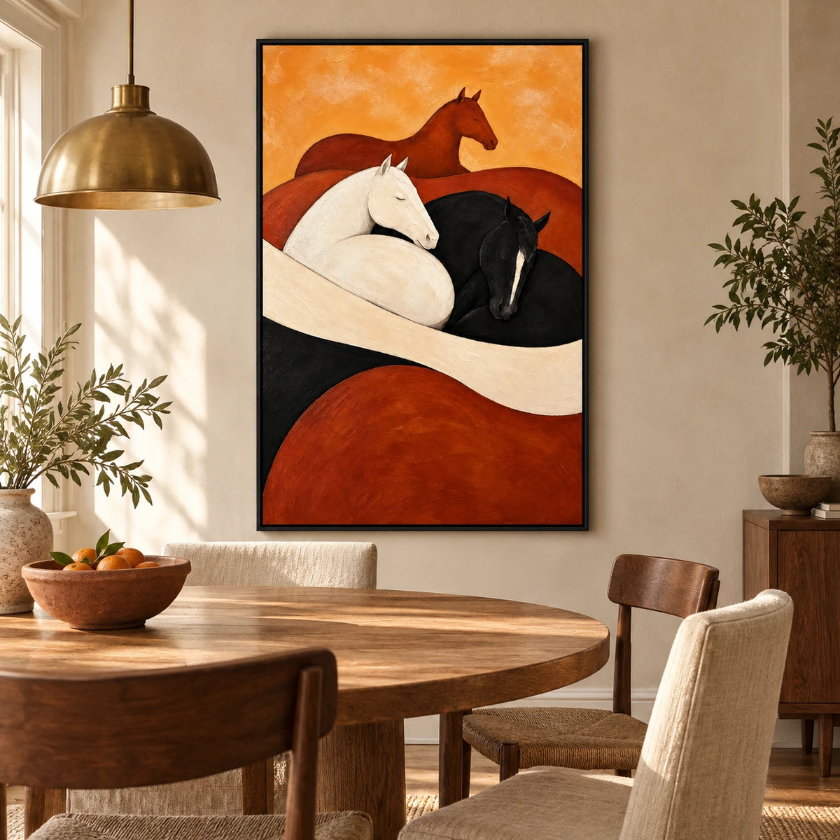 Ownanart Hand-Painted Black White and Chestnut Horses Oil Painting – Modern Abstract Equestrian Animal Art, 3D Textured Vertical Canvas Wall Art, Original Painting for Living Room Bedroom Entryway and Office