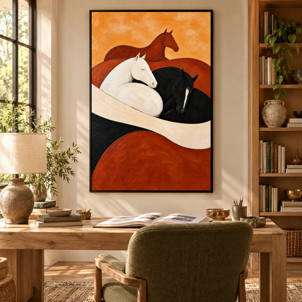 Ownanart Hand-Painted Black White and Chestnut Horses Oil Painting – Modern Abstract Equestrian Animal Art, 3D Textured Vertical Canvas Wall Art, Original Painting for Living Room Bedroom Entryway and Office