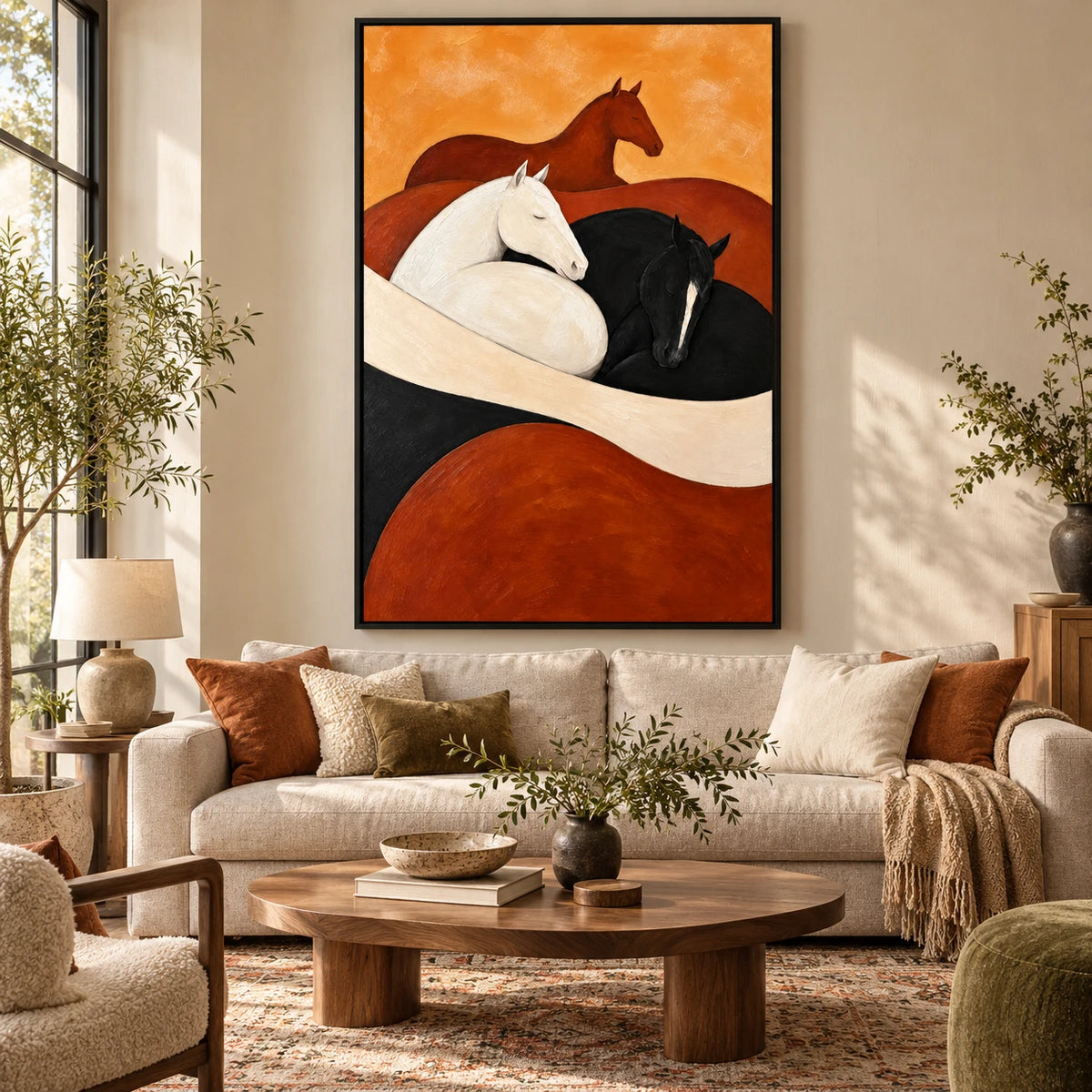 Ownanart Hand-Painted Black White and Chestnut Horses Oil Painting – Modern Abstract Equestrian Animal Art, 3D Textured Vertical Canvas Wall Art, Original Painting for Living Room Bedroom Entryway and Office