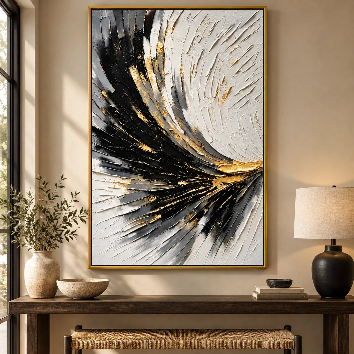 Ownanart Hand-Painted Black White and Gold Curved Lines Abstract Oil Painting – 3D Textured Vertical Impasto Canvas Wall Art for Living Room Bedroom Entryway and Office