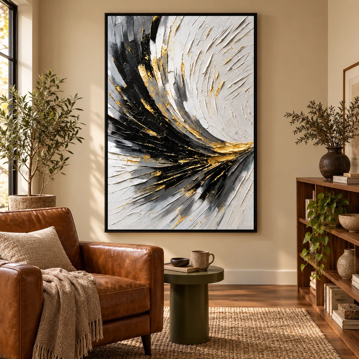 Ownanart Hand-Painted Black White Grey and Gold Sweeping Lines Abstract Oil Painting – 3D Textured Vertical Impasto Canvas Wall Art for Living Room Bedroom Entryway and Office