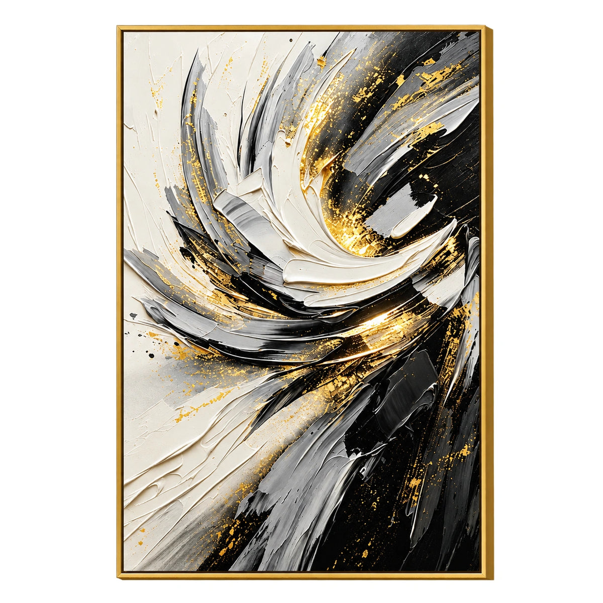 Ownanart Hand-Painted Black White Grey and Gold Swirling Abstract Oil Painting – 3D Textured Vertical Impasto Canvas Wall Art for Living Room Bedroom Entryway and Office