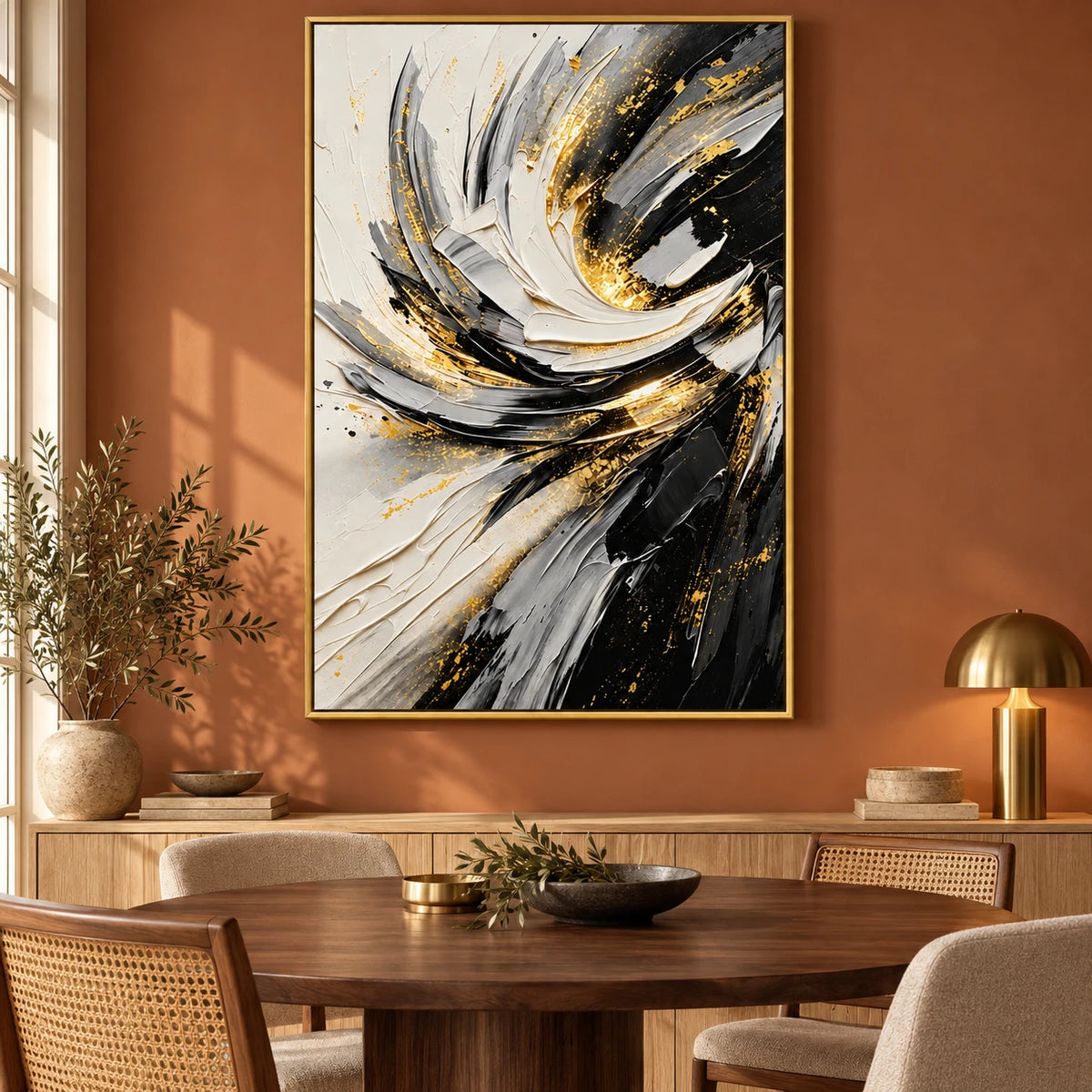 Ownanart Hand-Painted Black White Grey and Gold Swirling Abstract Oil Painting – 3D Textured Vertical Impasto Canvas Wall Art for Living Room Bedroom Entryway and Office