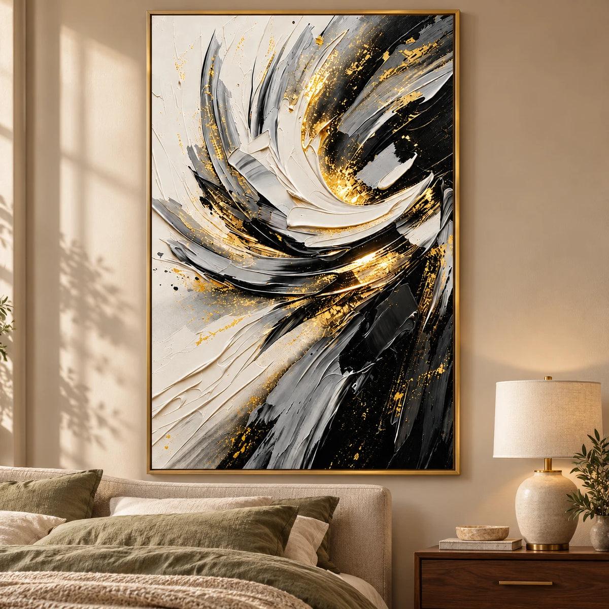 Ownanart Hand-Painted Black White Grey and Gold Swirling Abstract Oil Painting – 3D Textured Vertical Impasto Canvas Wall Art for Living Room Bedroom Entryway and Office