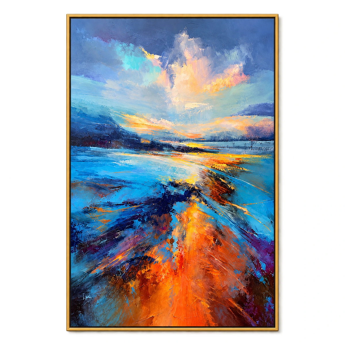 Ownanart Hand-Painted Blue and Orange Sunset Coastal Landscape Oil Painting – 3D Textured Vertical Impasto Canvas Wall Art for Living Room Bedroom Entryway and Office