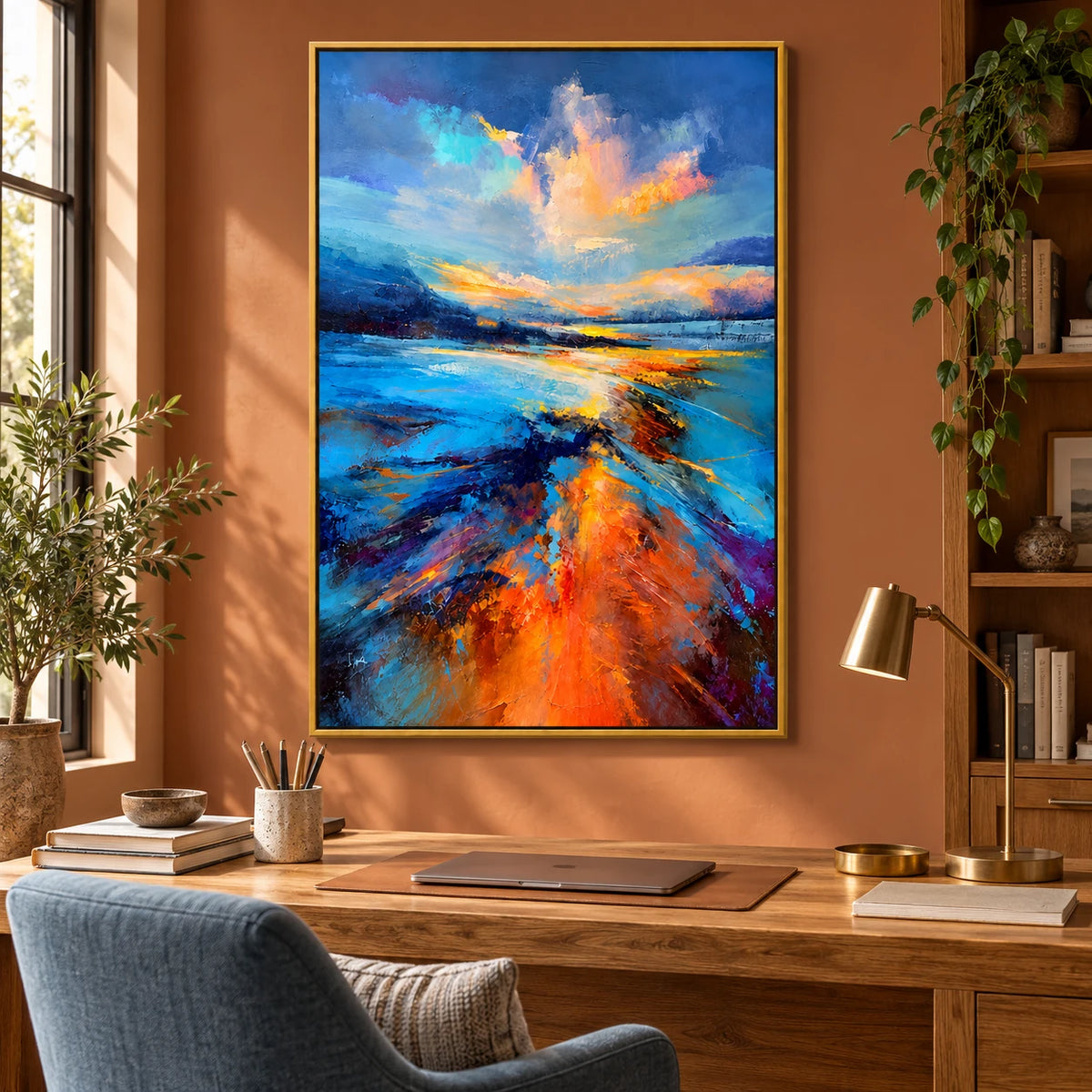 Ownanart Hand-Painted Blue and Orange Sunset Coastal Landscape Oil Painting – 3D Textured Vertical Impasto Canvas Wall Art for Living Room Bedroom Entryway and Office