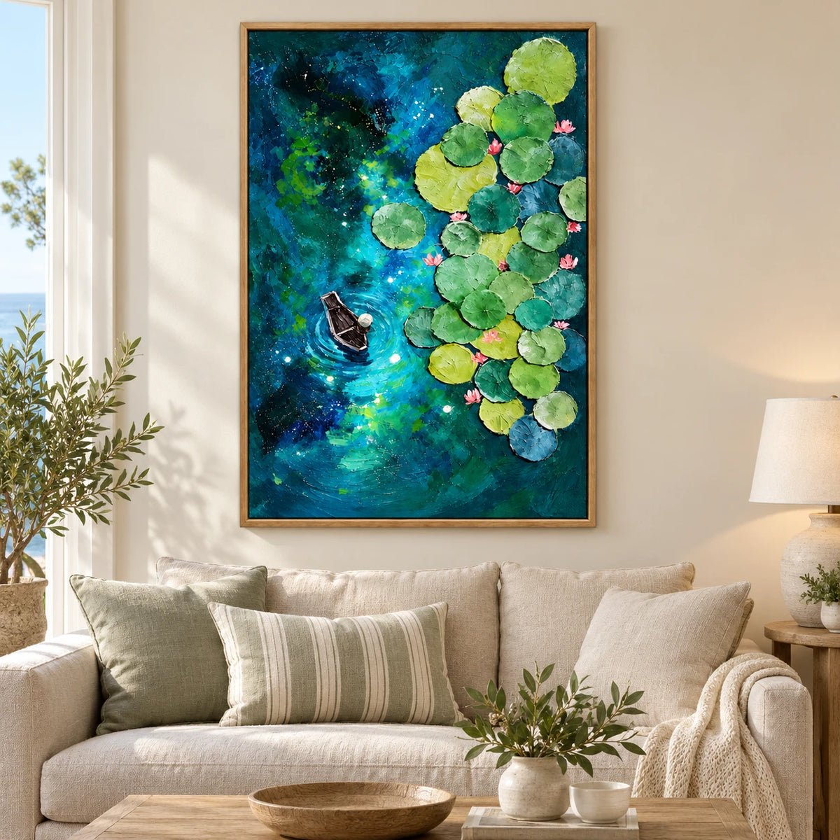 Ownanart Hand-Painted Boat among Water Lilies on Blue Green Pond Oil Painting – Textured Botanical Waterscape Art, 3D Textured Vertical Canvas Wall Art for Living Room Bedroom Entryway and Office