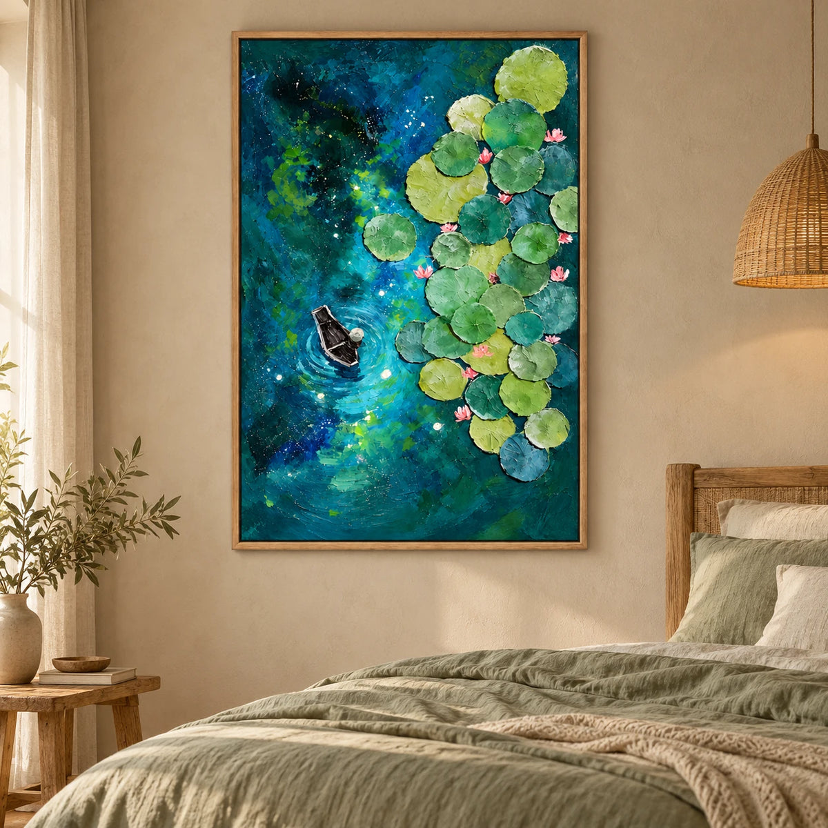 Ownanart Hand-Painted Boat among Water Lilies on Blue Green Pond Oil Painting – Textured Botanical Waterscape Art, 3D Textured Vertical Canvas Wall Art for Living Room Bedroom Entryway and Office