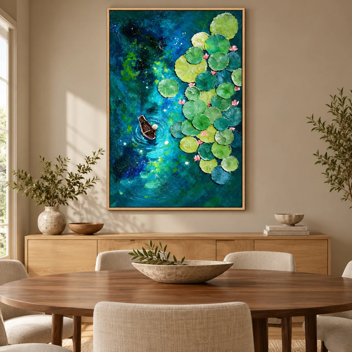 Ownanart Hand-Painted Boat among Water Lilies on Blue Green Pond Oil Painting – Textured Botanical Waterscape Art, 3D Textured Vertical Canvas Wall Art for Living Room Bedroom Entryway and Office