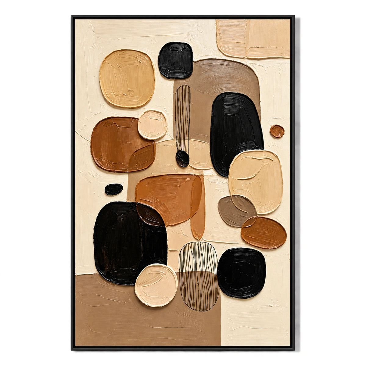 Ownanart Hand-Painted Brown Black Beige and Cream Organic Shapes Abstract Oil Painting – 3D Textured Vertical Impasto Canvas Wall Art for Living Room Bedroom Entryway and Office