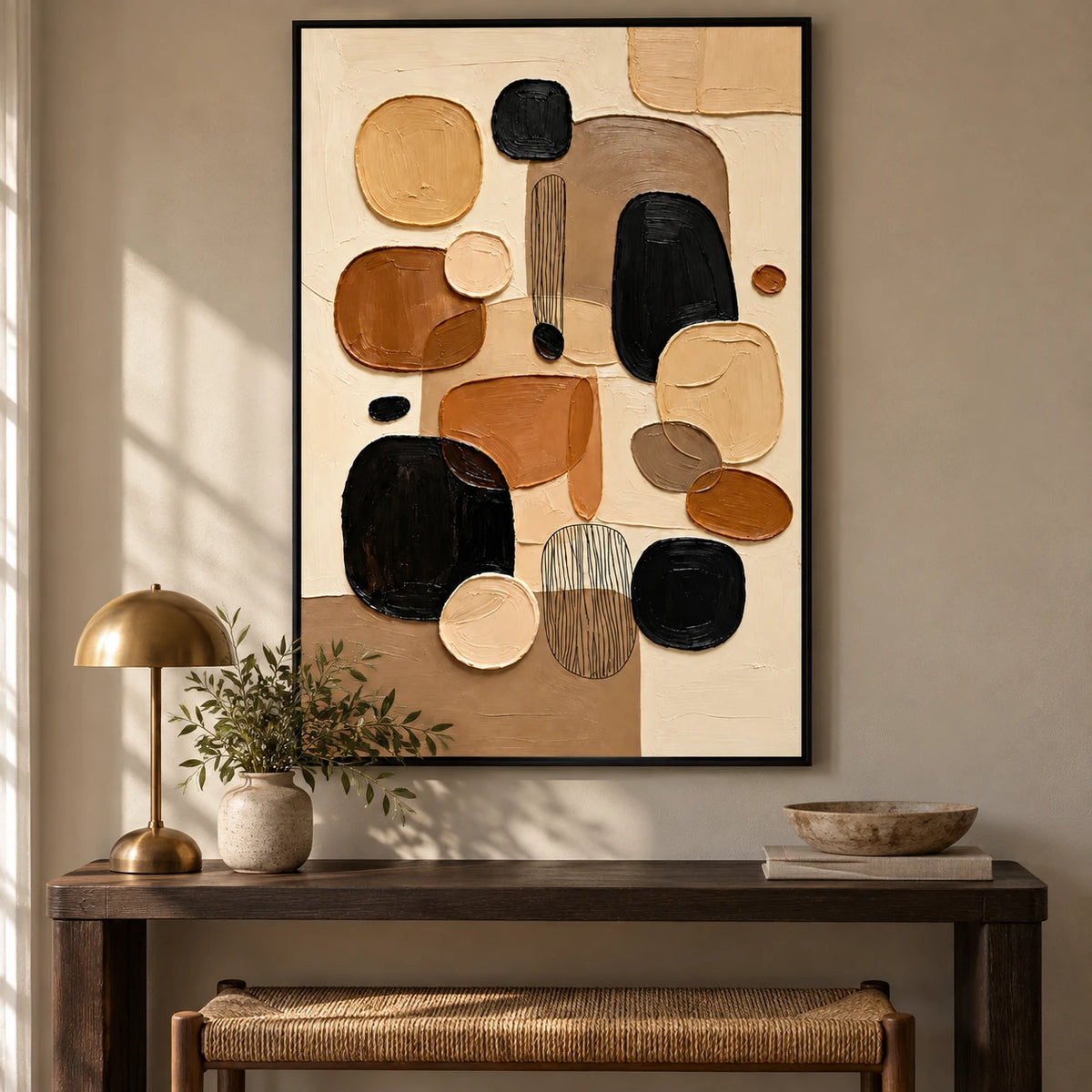 Ownanart Hand-Painted Brown Black Beige and Cream Organic Shapes Abstract Oil Painting – 3D Textured Vertical Impasto Canvas Wall Art for Living Room Bedroom Entryway and Office