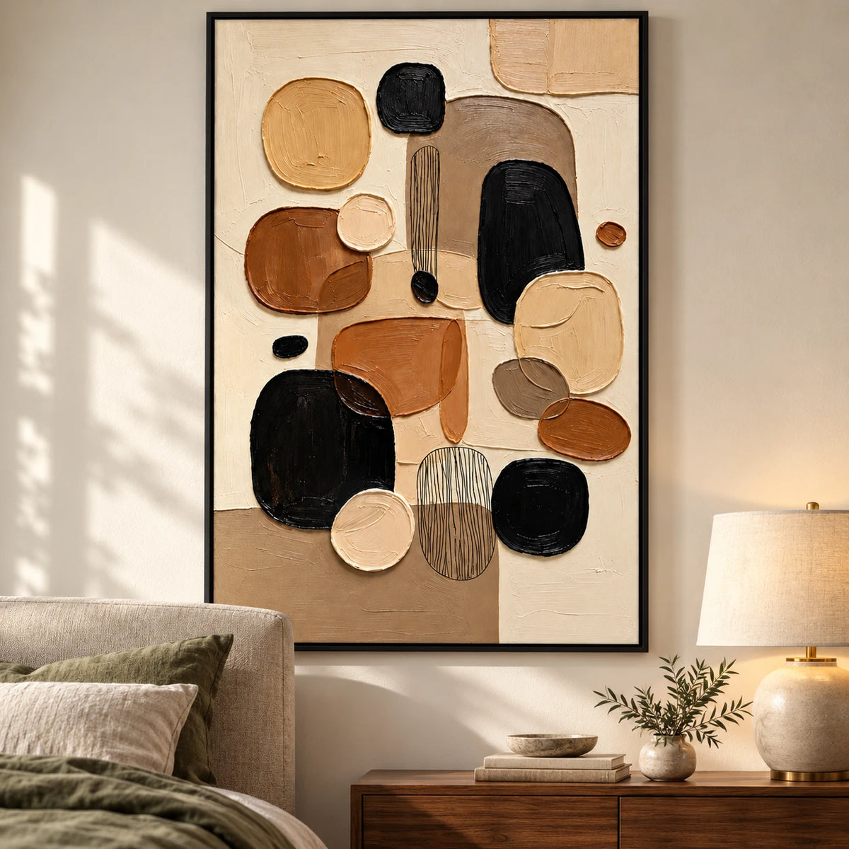 Ownanart Hand-Painted Brown Black Beige and Cream Organic Shapes Abstract Oil Painting – 3D Textured Vertical Impasto Canvas Wall Art for Living Room Bedroom Entryway and Office