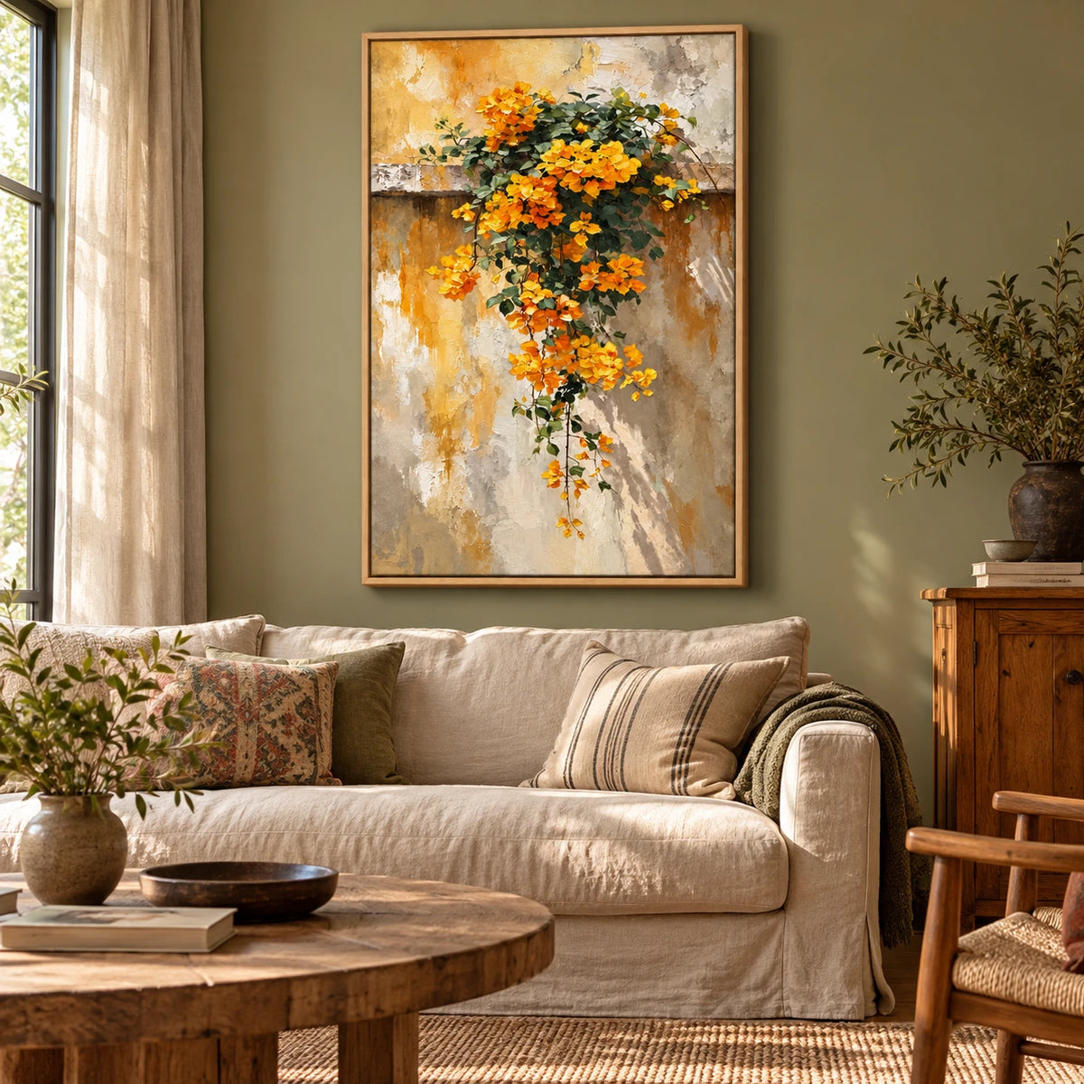 Ownanart Hand-Painted Cascading Yellow Flowers on Textured Wall Oil Painting – Textured Botanical Floral, 3D Textured Vertical Canvas Wall Art for Living Room Bedroom Entryway and Office