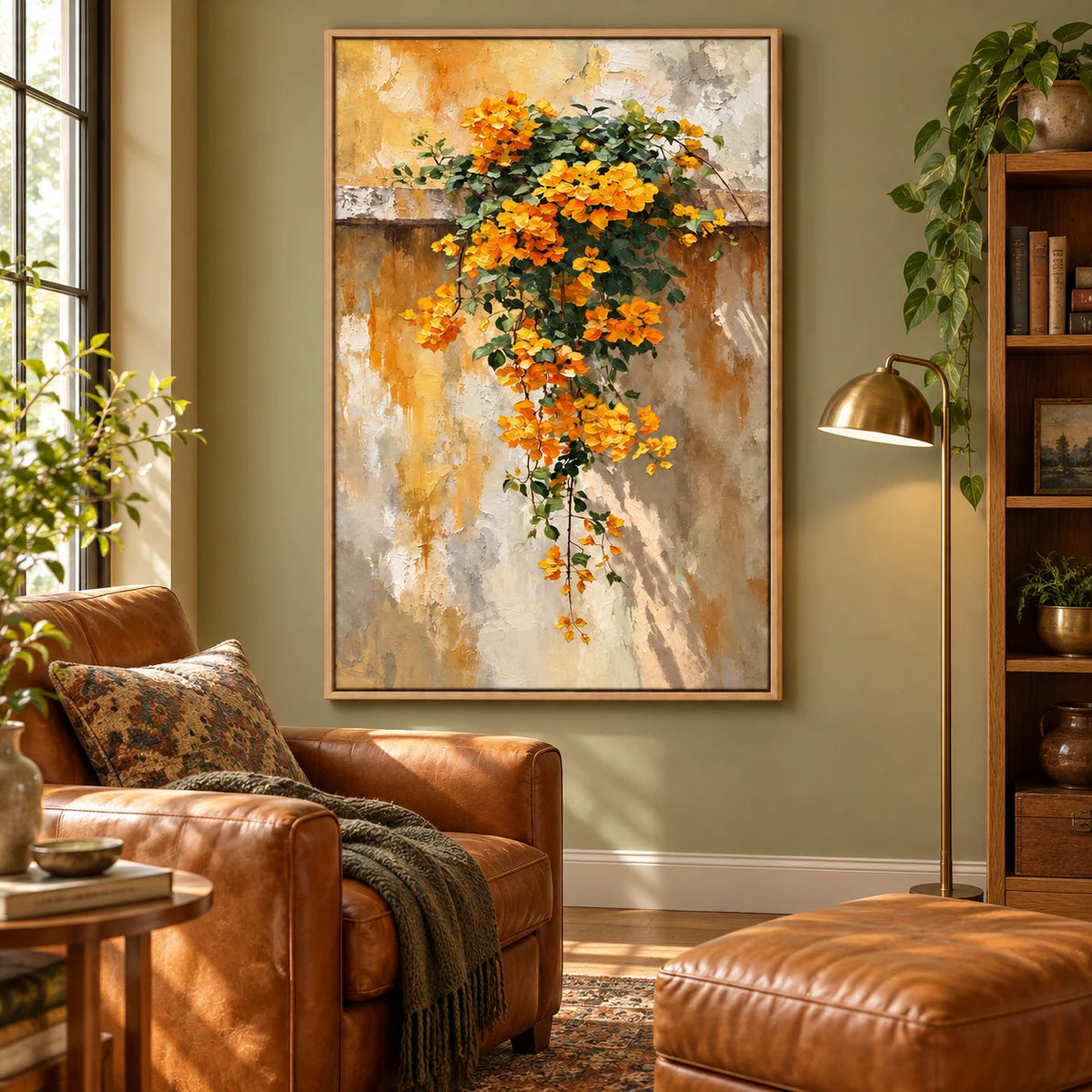 Ownanart Hand-Painted Cascading Yellow Flowers on Textured Wall Oil Painting – Textured Botanical Floral, 3D Textured Vertical Canvas Wall Art for Living Room Bedroom Entryway and Office