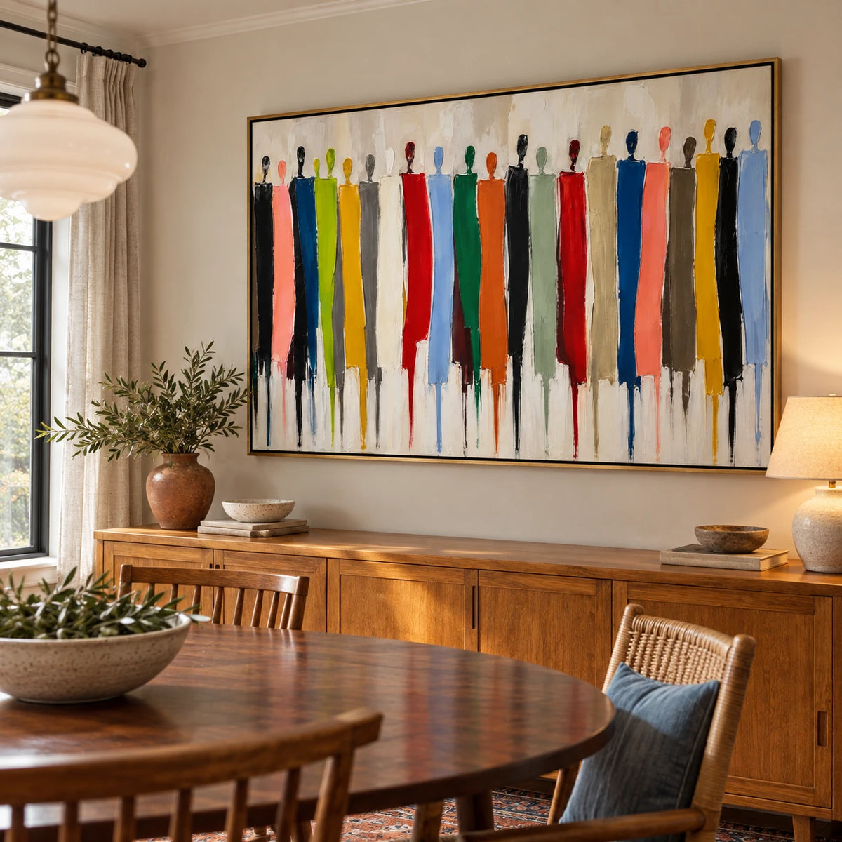 Ownanart Hand-Painted Colorful Abstract People Oil Painting – Large Horizontal group figure canvas, textured figurative wall art, Original Canvas Art for Living Room and Office