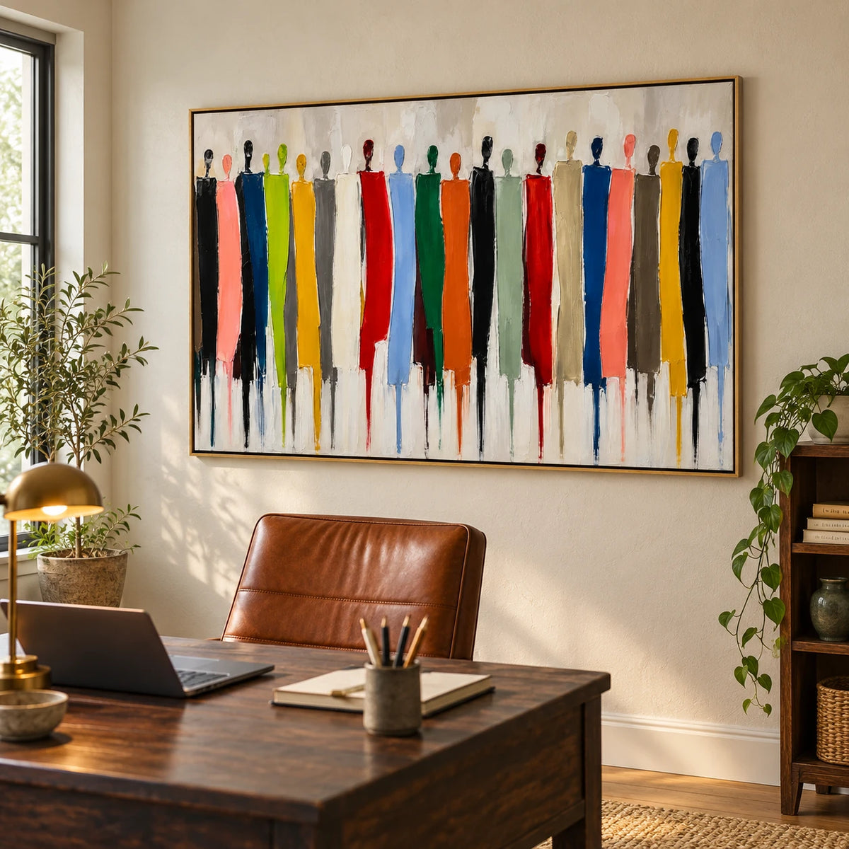 Ownanart Hand-Painted Colorful Abstract People Oil Painting – Large Horizontal group figure canvas, textured figurative wall art, Original Canvas Art for Living Room and Office