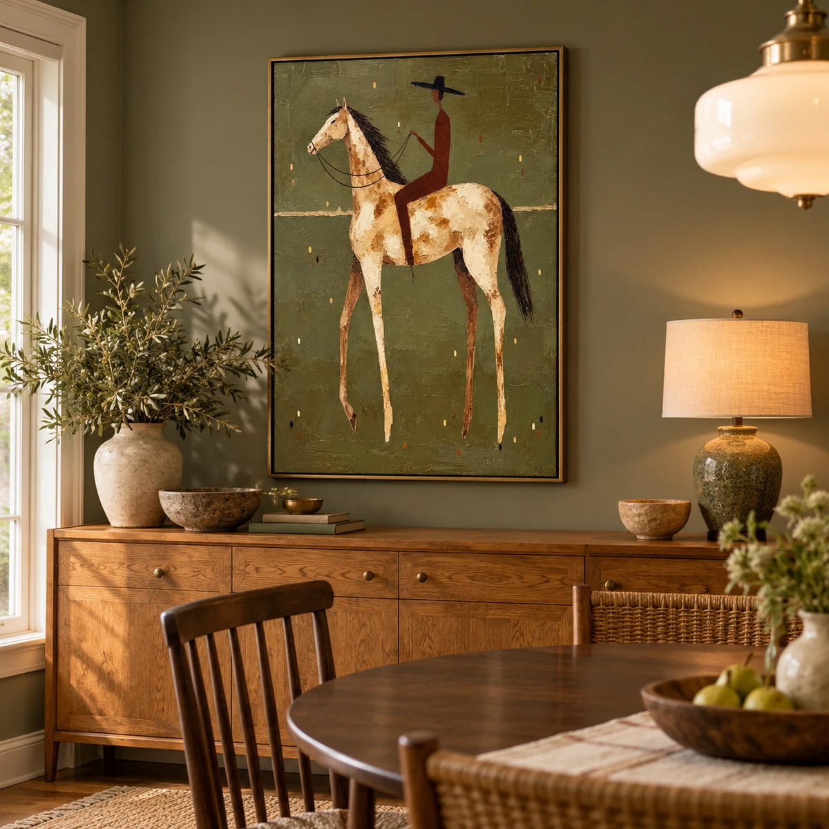 Ownanart Hand-Painted Cowboy on White Horse Oil Painting – Vertical western equestrian canvas, vertical textured rider wall art, Original Canvas Art for Living Room and Office