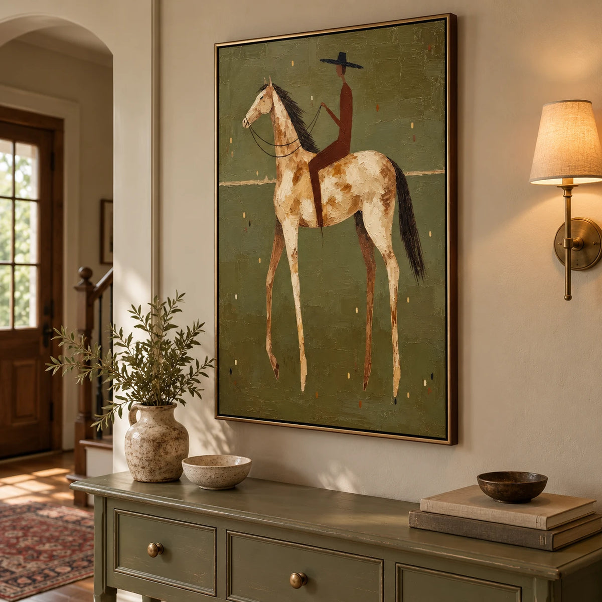 Ownanart Hand-Painted Cowboy on White Horse Oil Painting – Vertical western equestrian canvas, vertical textured rider wall art, Original Canvas Art for Living Room and Office