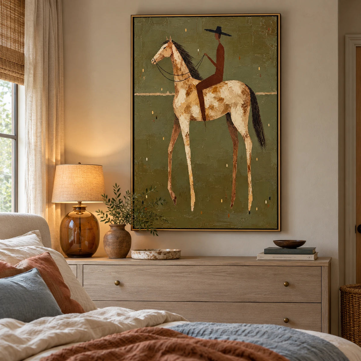 Ownanart Hand-Painted Cowboy on White Horse Oil Painting – Vertical western equestrian canvas, vertical textured rider wall art, Original Canvas Art for Living Room and Office