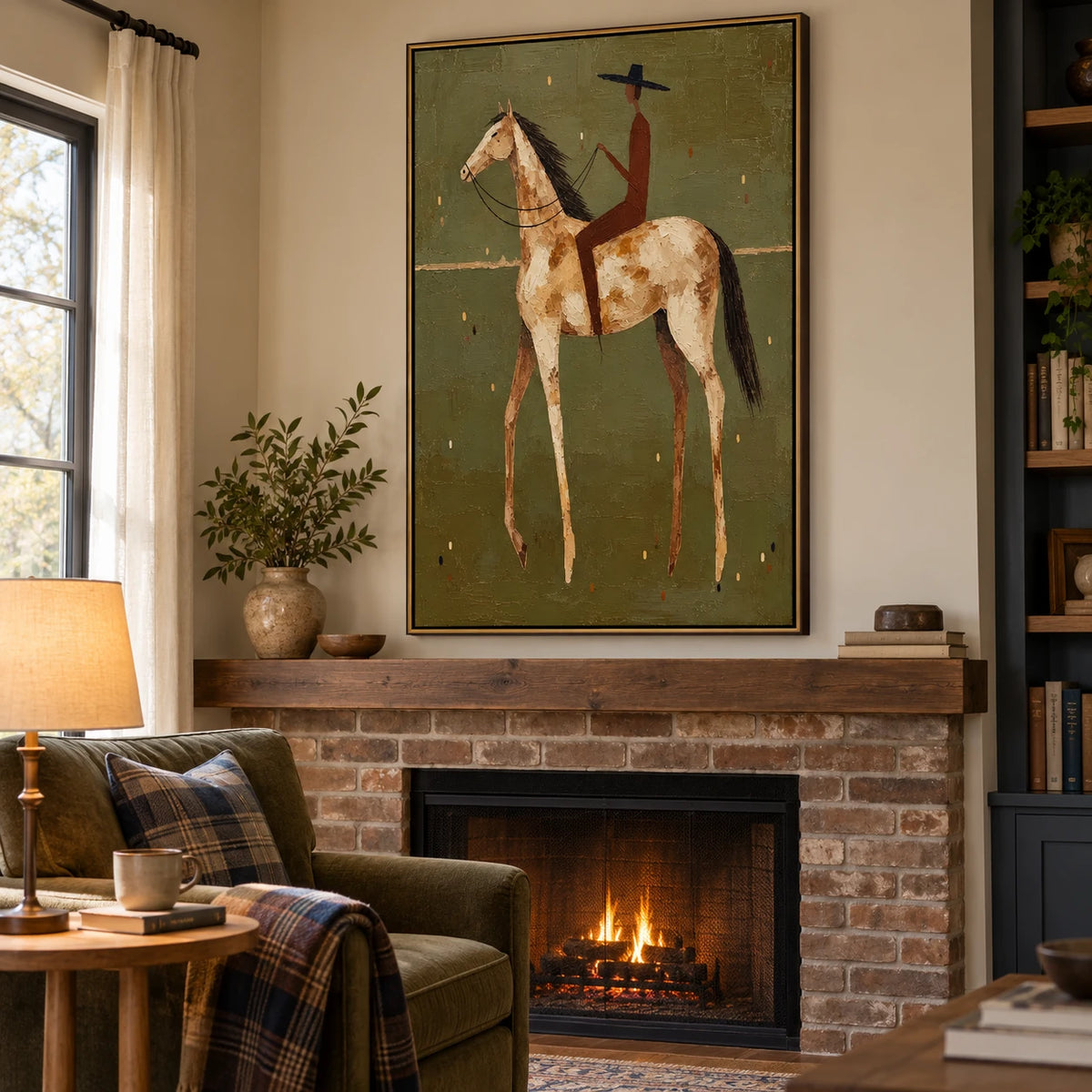 Ownanart Hand-Painted Cowboy on White Horse Oil Painting – Vertical western equestrian canvas, vertical textured rider wall art, Original Canvas Art for Living Room and Office