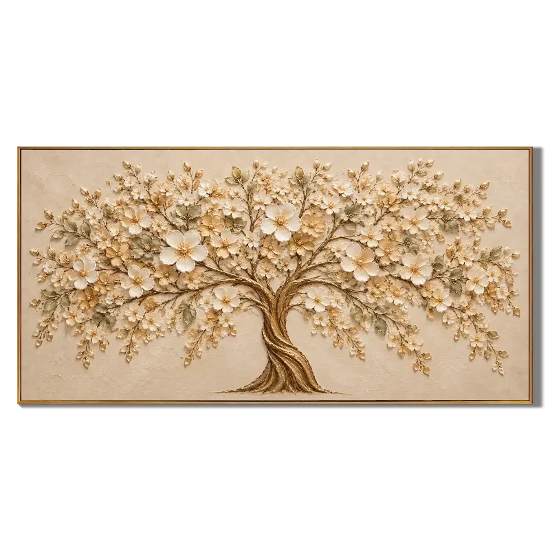 Ownanart Hand-Painted Cream and Gold Blossom Tree Oil Painting – Large Horizontal ivory blossom canvas, neutral textured floral wall art, Original Canvas Art for Living Room and Office
