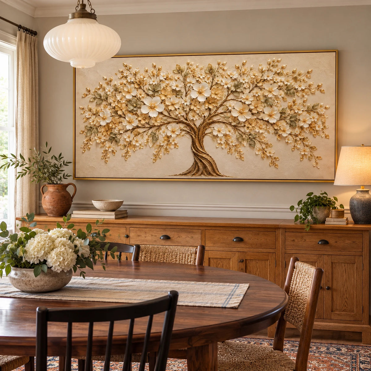 Ownanart Hand-Painted Cream and Gold Blossom Tree Oil Painting – Large Horizontal ivory blossom canvas, neutral textured floral wall art, Original Canvas Art for Living Room and Office