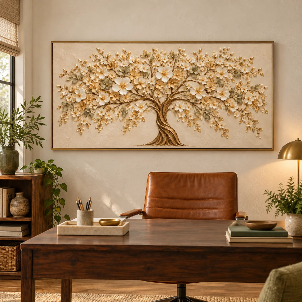 Ownanart Hand-Painted Cream and Gold Blossom Tree Oil Painting – Large Horizontal ivory blossom canvas, neutral textured floral wall art, Original Canvas Art for Living Room and Office