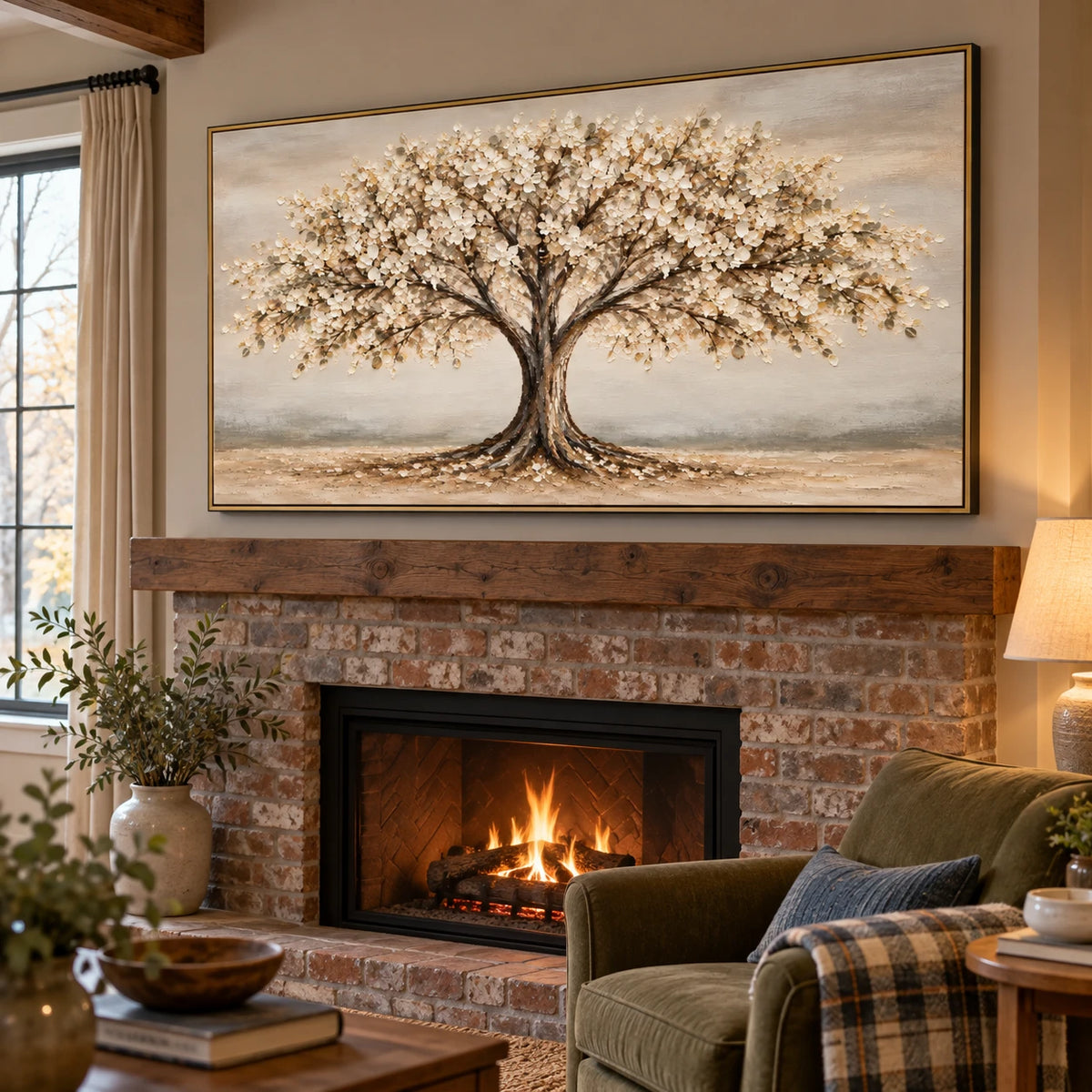 Ownanart Hand-Painted Cream Flowering Tree Landscape Oil Painting – Large Horizontal neutral botanical landscape, textured blossom wall art, Original Canvas Art for Living Room and Office