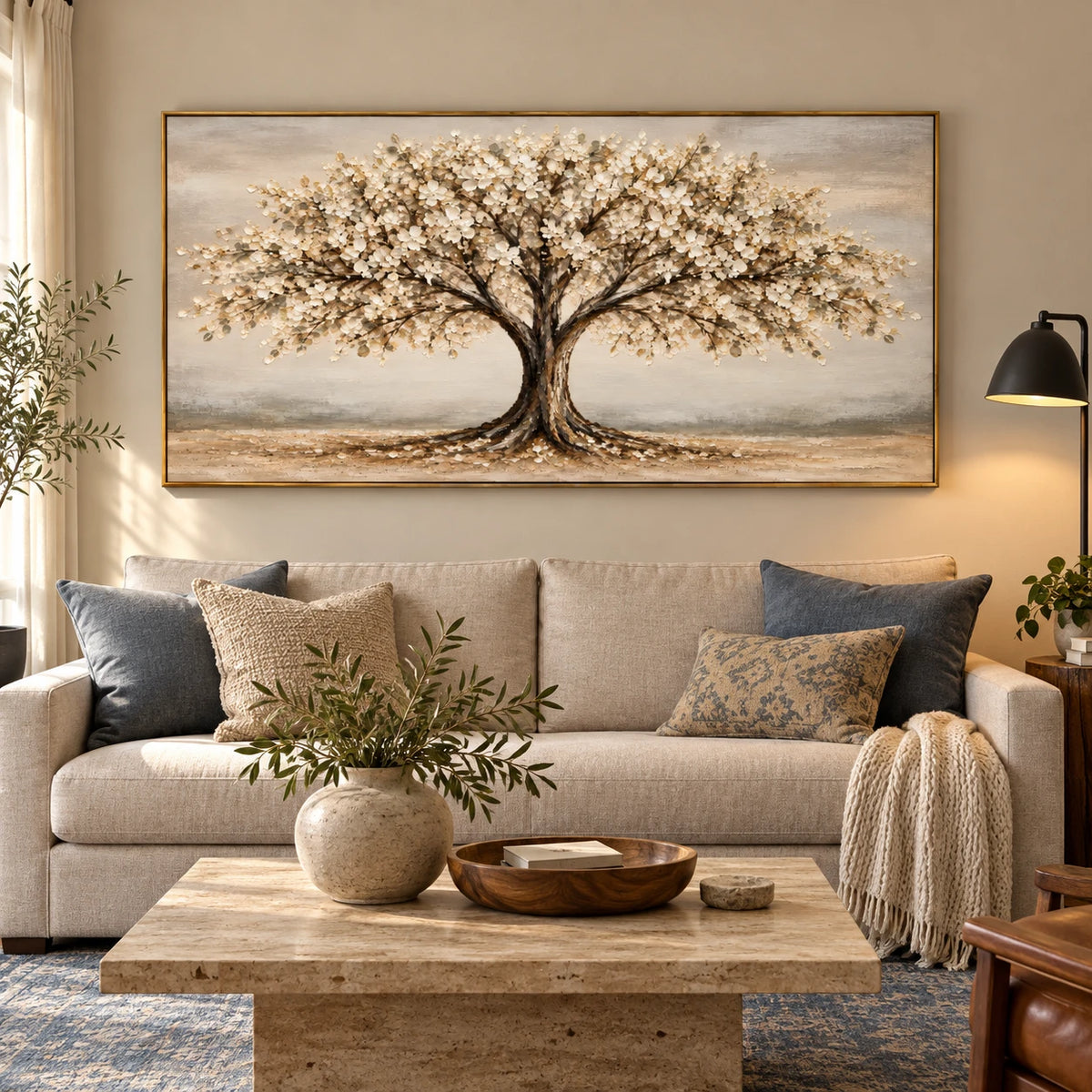 Ownanart Hand-Painted Cream Flowering Tree Landscape Oil Painting – Large Horizontal neutral botanical landscape, textured blossom wall art, Original Canvas Art for Living Room and Office