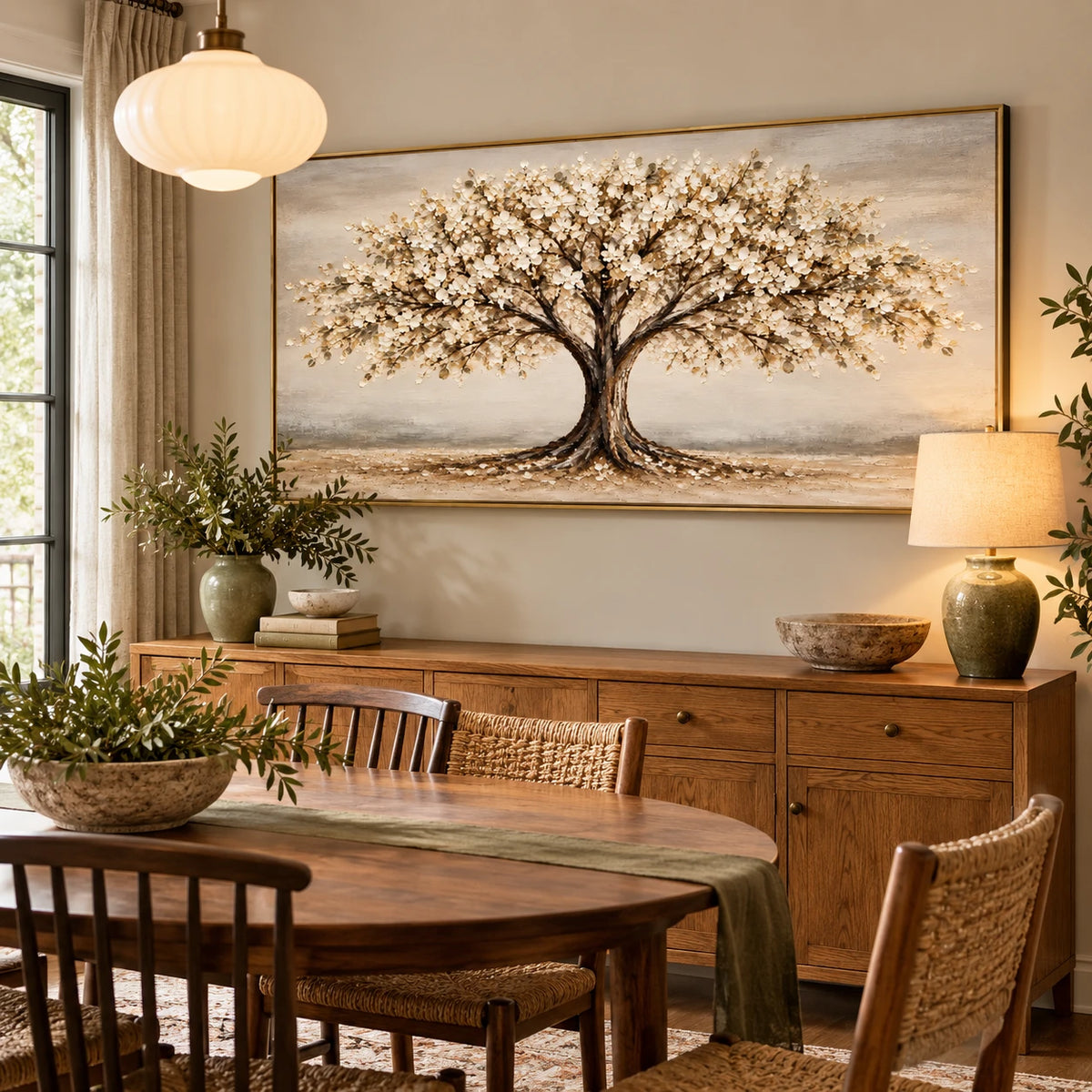Ownanart Hand-Painted Cream Flowering Tree Landscape Oil Painting – Large Horizontal neutral botanical landscape, textured blossom wall art, Original Canvas Art for Living Room and Office